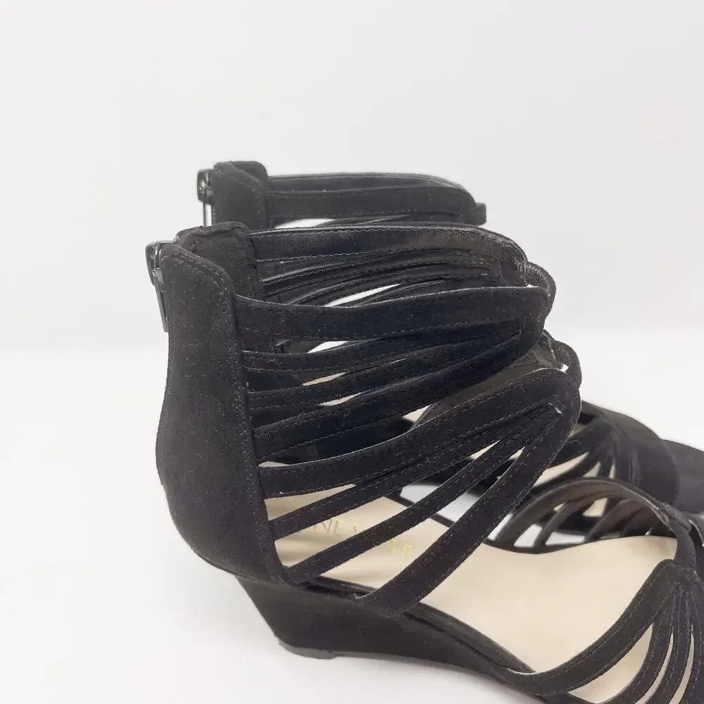 Nine West 6.5 Black Faux Suede Roseo Strappy Wedge Sandals Heeled Zip Back